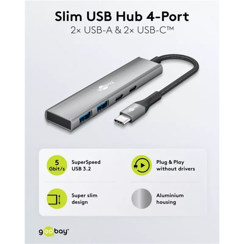 Goobay hub USB slim de 4 puertos USB-C a/USB-A 5 Gbit/s - conector USB 3.2 (76563)