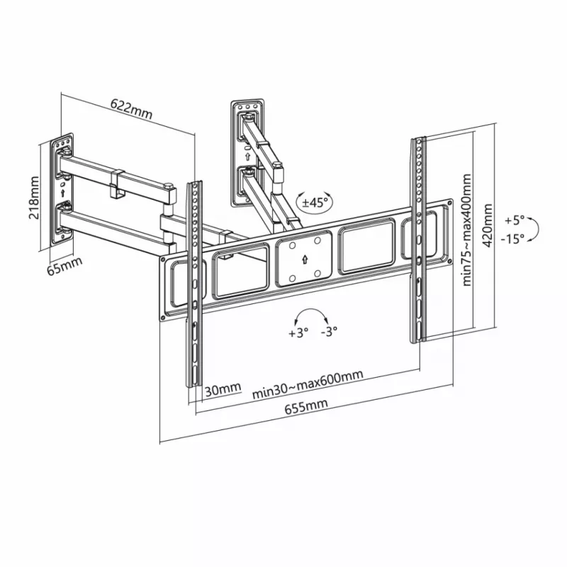 Soporte de pared para TV ART AR-85 para televisores de 32–70 pulgadas, hasta 45 kg, inclinable -15–5°, orientable 45°, extensión 118–622 mm, VESA 75x75–600x400