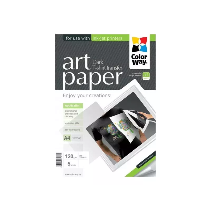 Papel fotográfico para transferencia de camisetas ColorWay PTD120005A4 — A4, 120 g/m², 5 hojas (para tejidos oscuros)