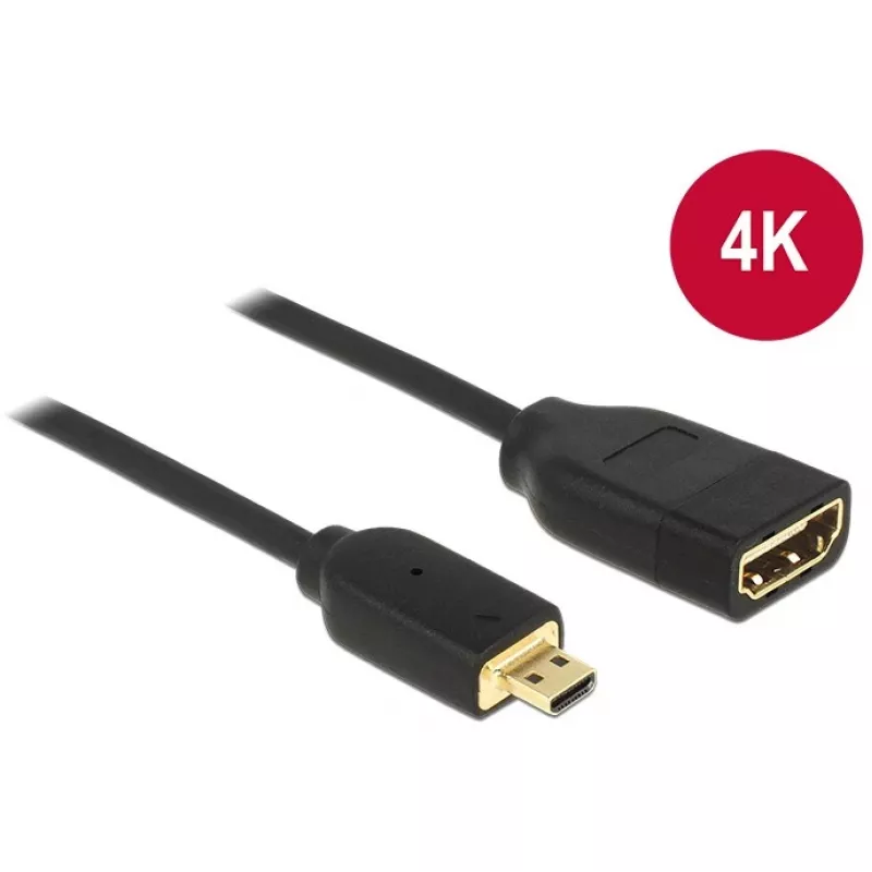 Cable DELOCK HDMI Micro D conector macho > HDMI A conector hembra High Speed con Ethernet 3D 4K 20cm Premium Slim