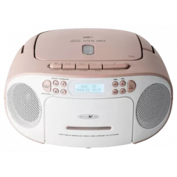 Radio radiocasete portátil Reflexion RCR2260DAB — blanca/rosa, radio digital DAB+, funcionamiento con batería y red eléctrica