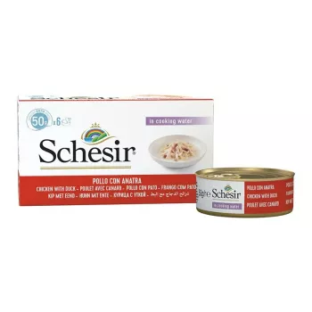 SCHESIR filetes de pollo con pato en caldo - alimento húmedo para gatos - 6x50g