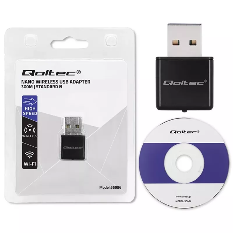 Adaptador USB Wi-Fi QOLTEC NANO 56986 — Mini-N, USB 2.0, 802.11n