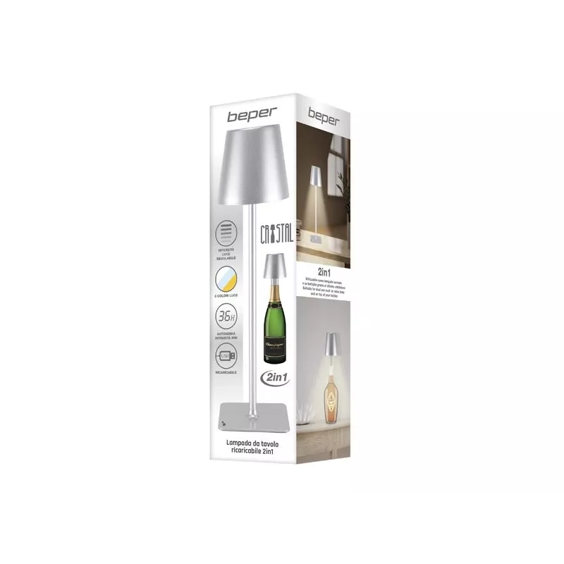 Beper P201UTP117 lámpara de mesa LED recargable, 1,5 W, interruptor táctil, regulable, adaptador para botella de 33 mm, resistente al agua, plateada