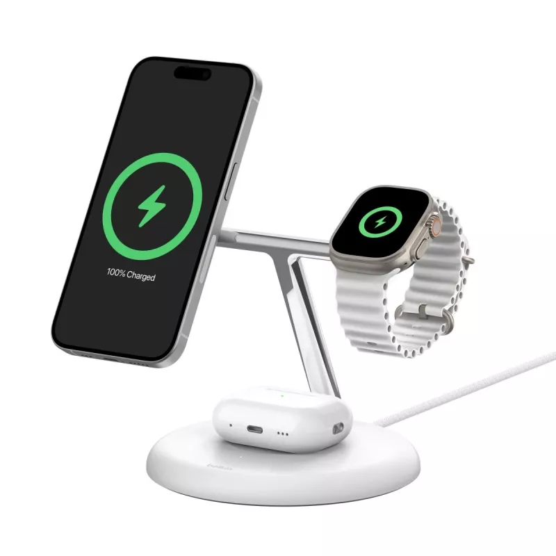Belkin BoostCharge Pro 3 en 1 estación de carga inalámbrica con Qi2, blanco (WIZ023VFWH)
