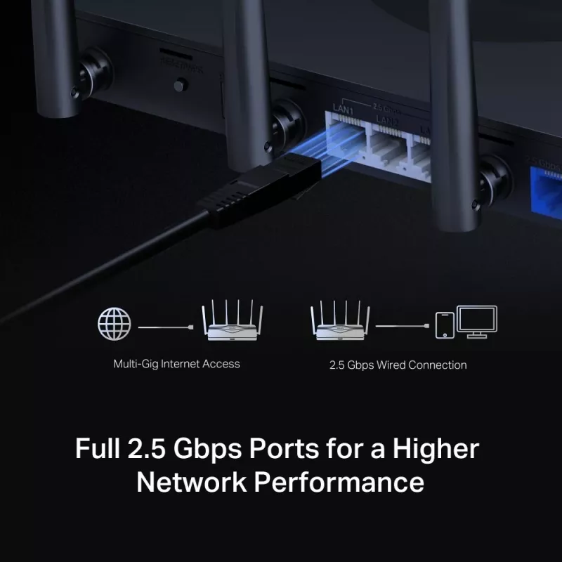 Router de sobremesa MERCUSYS MR47BE — tri-banda Wi-Fi 7 (2,4/5/6 GHz), 9300 Mbit/s, 3× RJ-45, 2,5GbE, 6 antenas externas