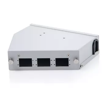 Distribuidor de empalmes de fibra óptica para carril DIN DIGITUS DN-96893 — en ángulo, 6 SC DX / LC Quad, aluminio, gris