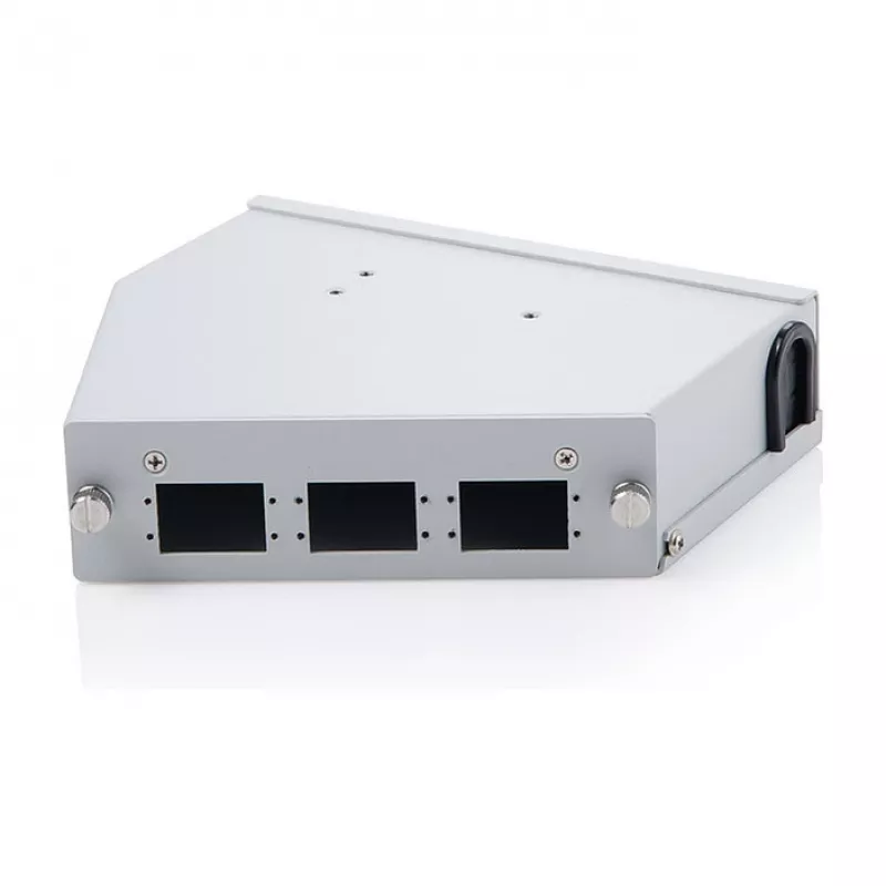 Distribuidor de empalmes de fibra óptica para carril DIN DIGITUS DN-96893 — en ángulo, 6 SC DX / LC Quad, aluminio, gris