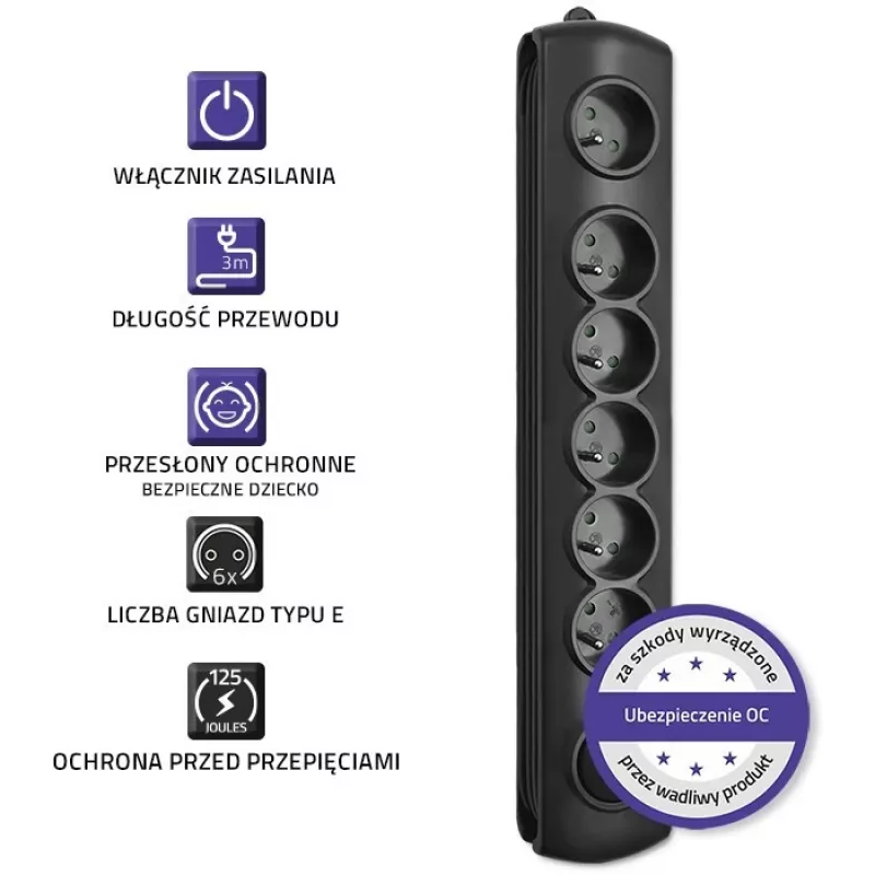 Protector contra sobretensiones Qoltec 50112 negro 6 tomas AC 230V 3m
