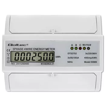 Contador electrónico bidireccional trifásico Qoltec | Contador de consumo eléctrico para carril DIN | 400V | 100A | LCD | 4P