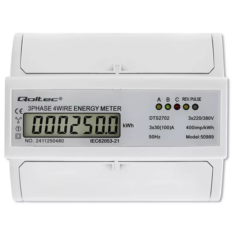 Contador electrónico bidireccional trifásico Qoltec | Contador de consumo eléctrico para carril DIN | 400V | 100A | LCD | 4P