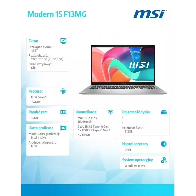 Portátil Modern 15 F13MG-443PL WIN11PRO/Raptor Lake i5-1334U/16GB/512SSD/IrisXe/15.6''/3Y