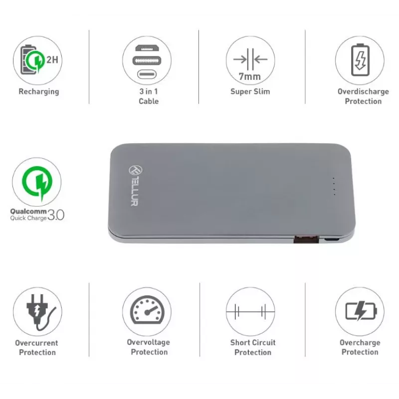 Batería externa portátil Tellur QC 3.0 carga rápida, 5000 mAh