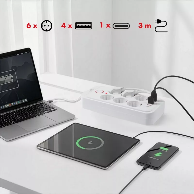 Regleta de enchufes MACLEAN MCE391 W — 6 tomas, 4×USB-A + 1×USB-C, cable de 3 m, 110–240 V, 2500 W, blanca