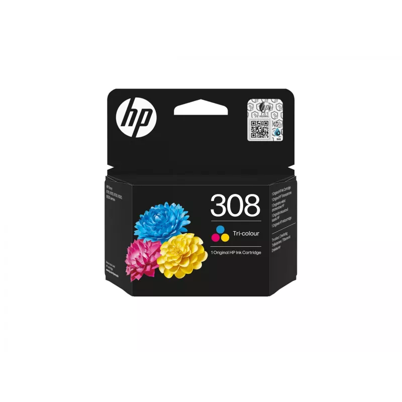 HP 308 cartucho de tinta original, 3 colores, rendimiento estándar, cian, magenta, amarillo, tinta de colorante, 1 ud., 120 páginas, pack combinado