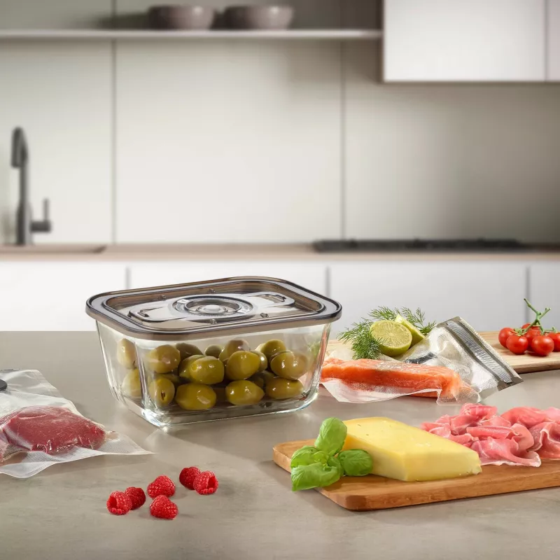 Caso recipiente de vacío de vidrio con tapa de plástico | VacuBoxx Eco M | Transparente