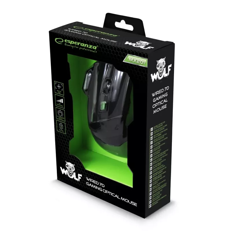 Ratón gaming con cable ESPERANZA EGM201G — para diestros, óptico 2400 DPI, 7 botones, USB Type-A, cable 1,5 m, negro/verde