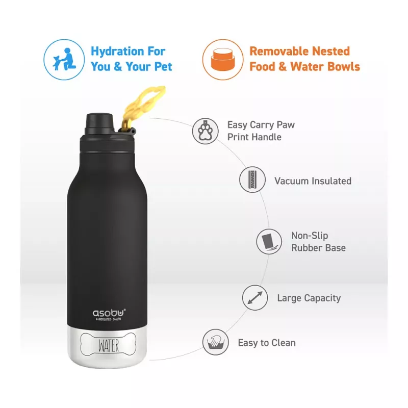 Asobu - Dog Bowl Buddy - Botella de acero inoxidable con 2 comederos negra