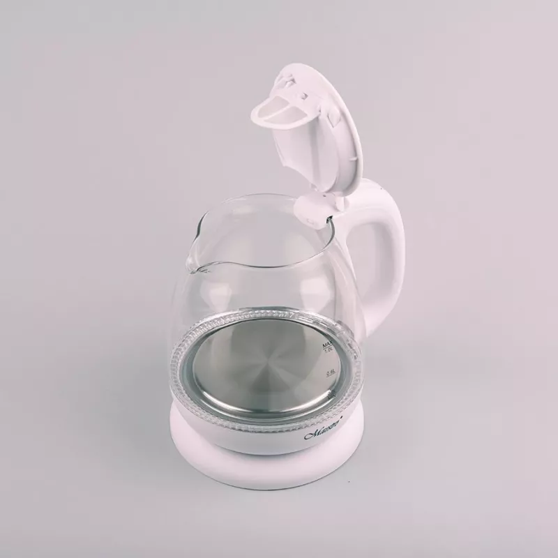 Hervidor eléctrico Maestro MR-055 blanco — 1 L, 1100 W, carcasa de cristal, retroiluminación, indicador de nivel de agua