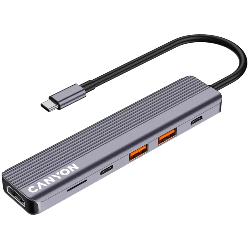 Hub USB Type-C CANYON DS-17 — HDMI, USB 3.2 Gen 1 A, USB-C, MicroSD, 10000 Mbit/s, gris