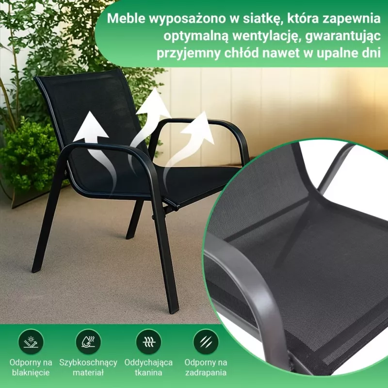 Conjunto de jardín Extralink Black Forest, textileno dos sillas + mesa negra