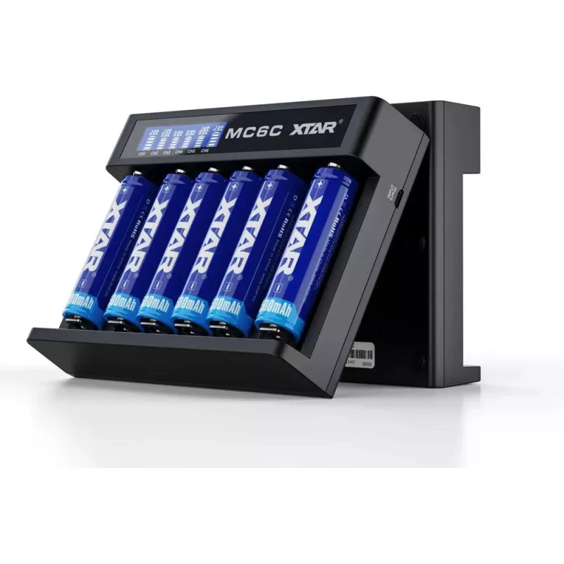 XTAR MC6C cargador multislot inteligente para celdas cilíndricas de Li-Ion, 6 ranuras, compatible con 18650/21700/AA, entrada 5V, negro