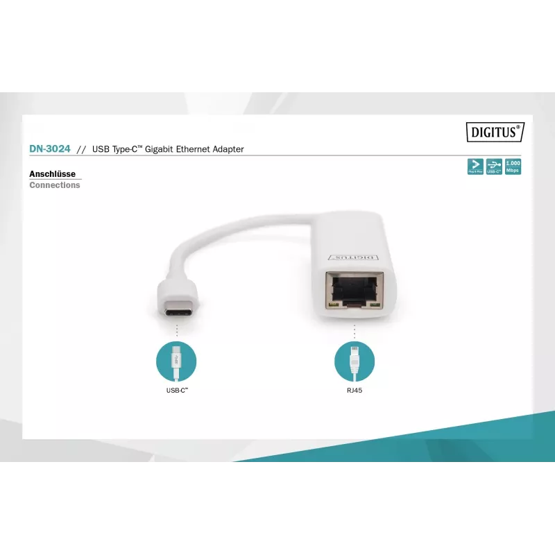 Adaptador Digitus DN-3024 USB 3.0 20 cm 1x USB-C a 1x RJ45 apantallado