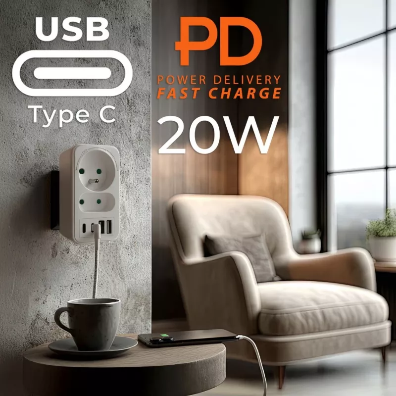 Regleta de enchufes MACLEAN MCE249 F/W – 2 tomas de corriente (16A + 6A) y 4 USB (2× A, 2× C PD 20W)