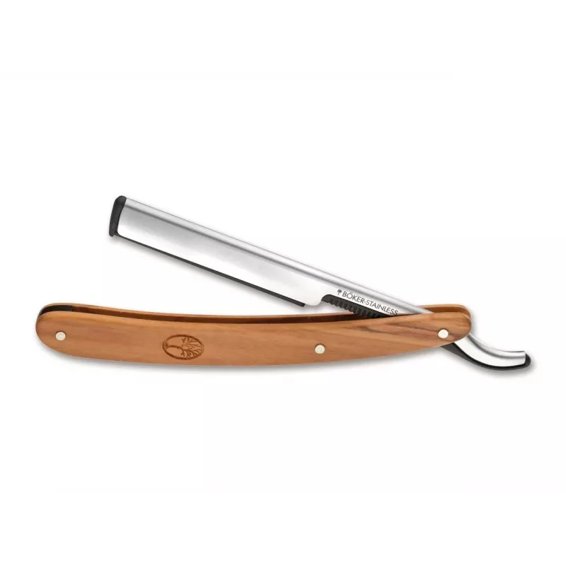 Navaja de afeitar Böker Solingen Barberette Olive – 140902, mango de madera de olivo, hoja fija