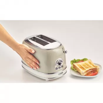 Tostadora Ariete 155 Design de 2 ranuras con cestillos para sándwich, 6 niveles de tostado, 810 W, carcasa de acero inoxidable, bandeja recogemigas extraíble, beige pastel
