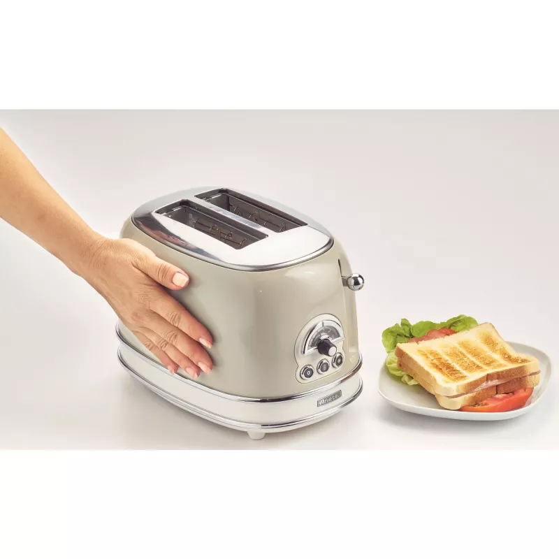 Tostadora Ariete 155 Design de 2 ranuras con cestillos para sándwich, 6 niveles de tostado, 810 W, carcasa de acero inoxidable, bandeja recogemigas extraíble, beige pastel