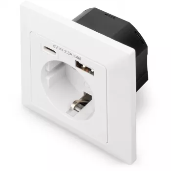 DIGITUS DA-70615 - Toma de corriente - 2P+E - tipo F, USB, USB Type C - con cierre - 1 toma de corriente, 2 puertos USB - 2.8 A - blanco, RAL 9003