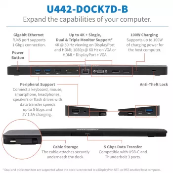 Dock USB-C, Triple Display – 4K HDMI y DP, VGA, USB 3.2 Gen 1, hub USB-A/C, GbE, carga PD 100 W
