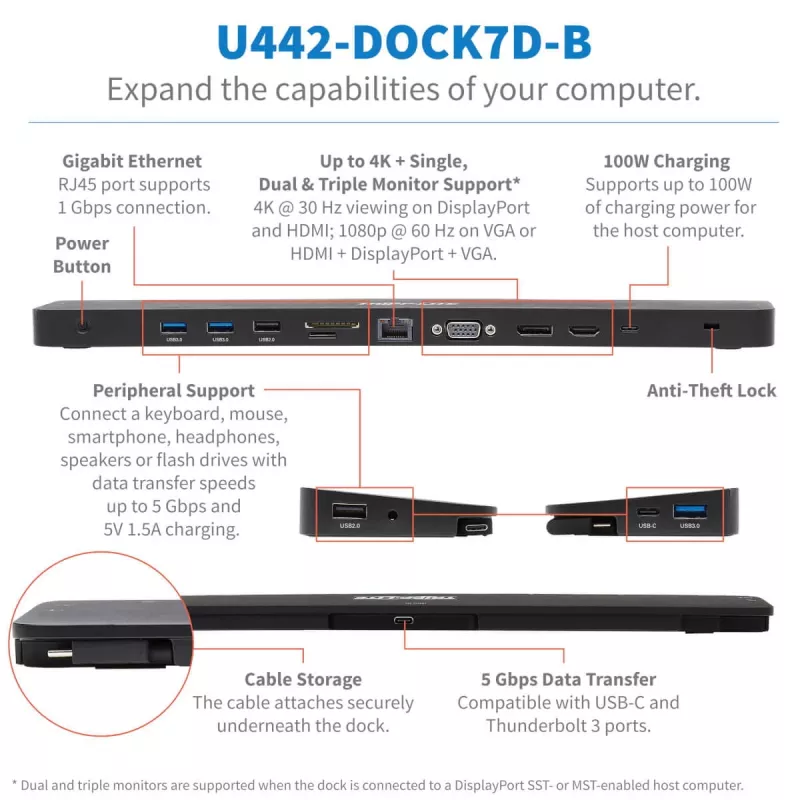 Eaton Tripp Lite U442-DOCK7D-B base de conexión USB-C para tres monitores, USB-C 3,1 / Thunderbolt 3, 4K HDMI y DisplayPort, VGA, USB-A/C, GbE, 100 W PD, negra