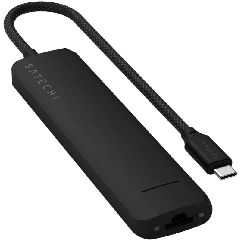 Adaptador multipuerto Satechi 7 en 1 USB-C Slim Ethernet (USB-C PD, 2x USB-A, HDMI 4K, Ethernet, lector de tarjetas micro/SD) (negro)