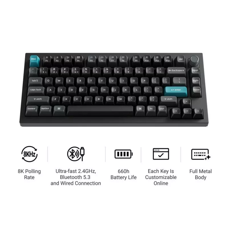Teclado mecánico Keychron Q1 Ultra 8K — formato 75%, USB + RF inalámbrico + Bluetooth, RGB, negro