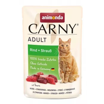 Comida húmeda para gatos Animonda Carny ternera y avestruz 85 g — gatos adultos, sin cereales, bolsita