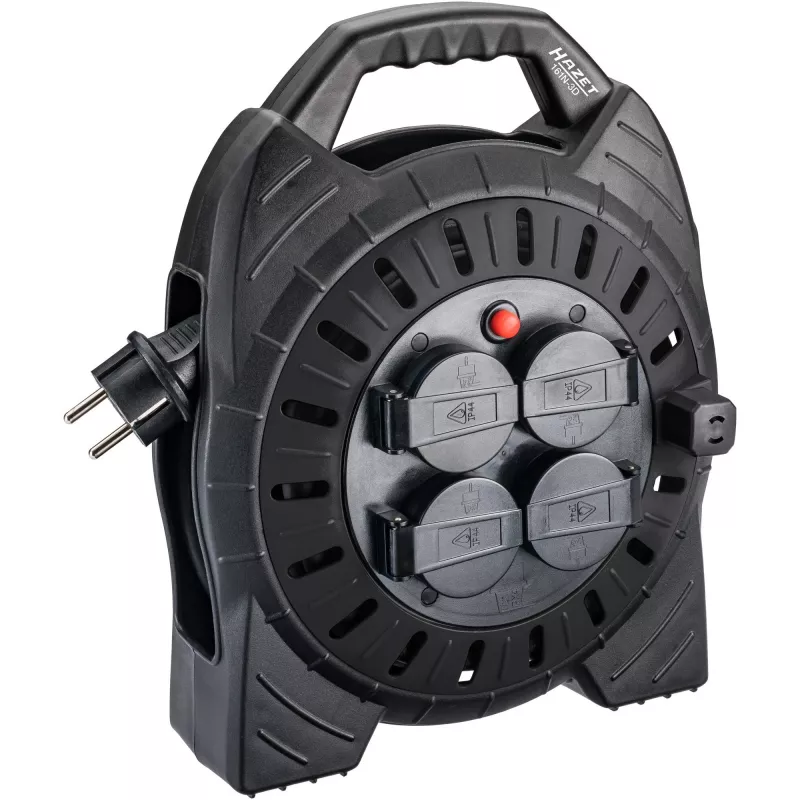 Tambor de cable Hazet 161N-3D, 10,00 m cable, negro, alargador eléctrico portátil