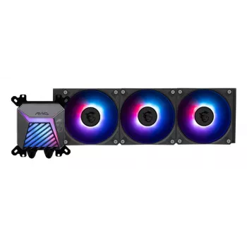 Refrigeración líquida todo en uno MSI MAG Coreliquid A15 360 — 3 ventiladores de 120 mm, radiador 394 x 120 x 27 mm, bomba 5V, RGB, compatible con LGA 1851