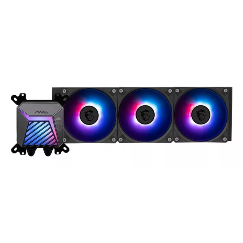 Refrigeración líquida todo en uno MSI MAG Coreliquid A15 360 — 3 ventiladores de 120 mm, radiador 394 x 120 x 27 mm, bomba 5V, RGB, compatible con LGA 1851