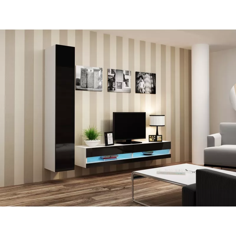 Soporte de TV Cama Meble VIGO NEW 30/180/40, parte superior blanca, marco negro brillante, 1800×400×300 mm