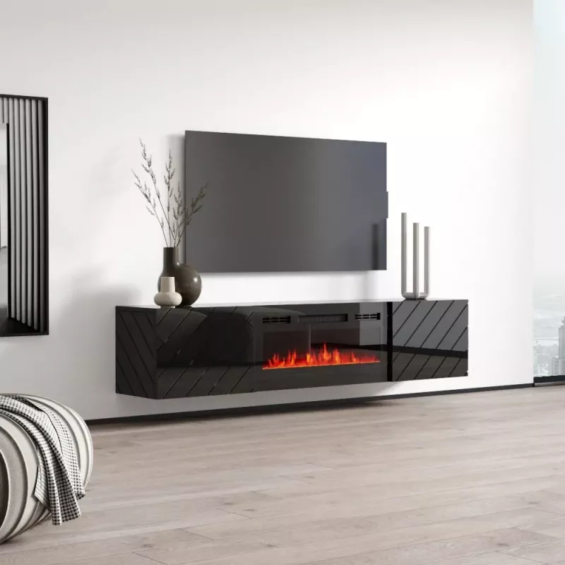 Mueble TV cama meble LUXE 301126 con chimenea eléctrica integrada, 182,6×34,5×37,5 cm, negro brillante