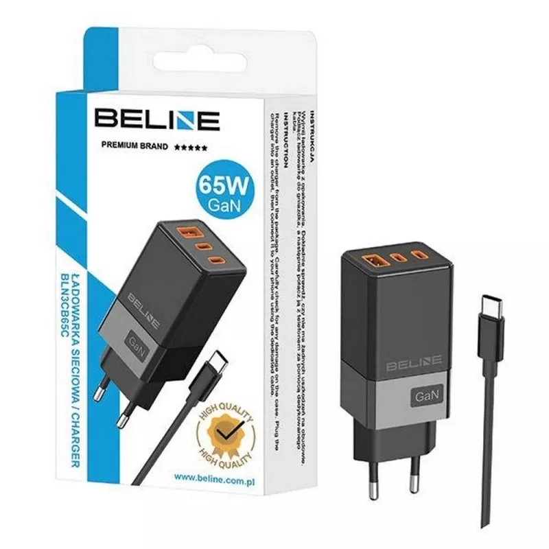 Adaptador de red Beline 2x USB-C 1x USB 65W cable USB-C negro/negro PD 3.0