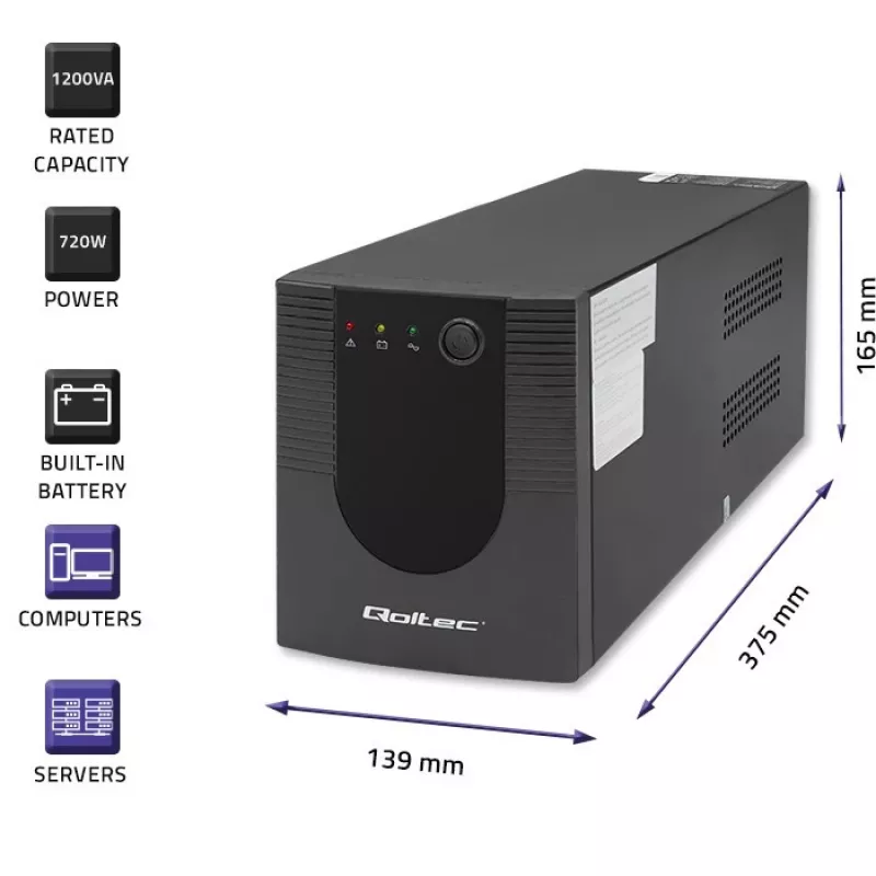 Qoltec Monolith 53775 SAI Line-Interactive, 1200 VA (1,2 kVA) / 720 W, AVR, 4 tomas AC, negro