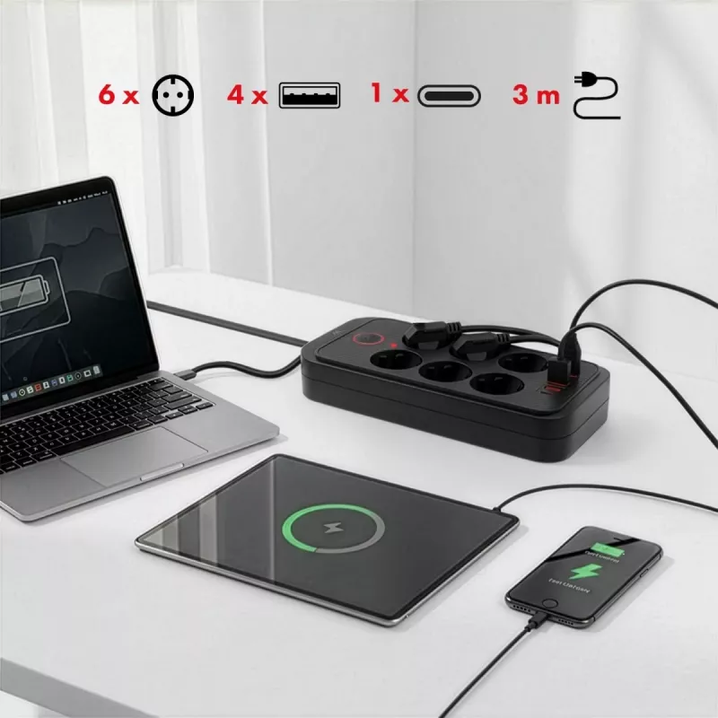 Regleta de enchufes MACLEAN MCE391 B – 6 enchufes, 4×USB-A + 1×USB-C, 110–240V, 2500W, 3 m cable, negro