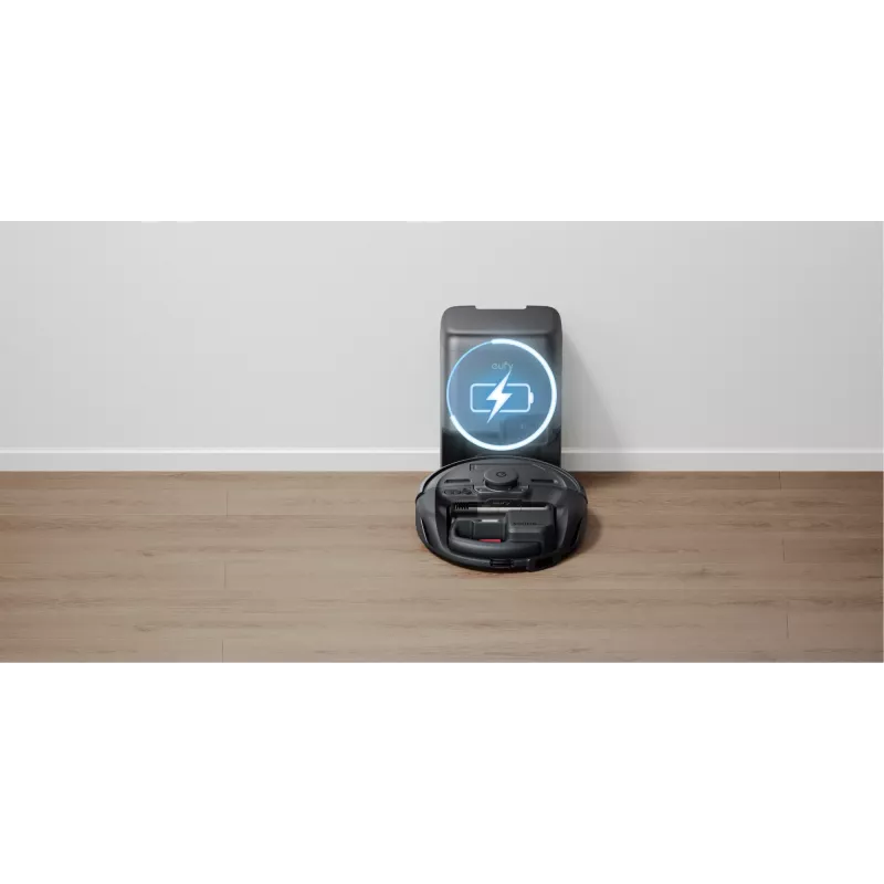 Robot aspirador Eufy E20 negro — redondo, base con bolsa de polvo, 150 minutos de autonomía, 35 cm de diámetro