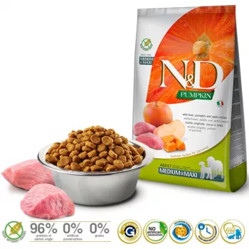 Pienso para perros Farmina N&D Pumpkin BOAR & APPLE para perros adultos de razas medianas y grandes, 12 kg, sin cereales, 30 % proteína