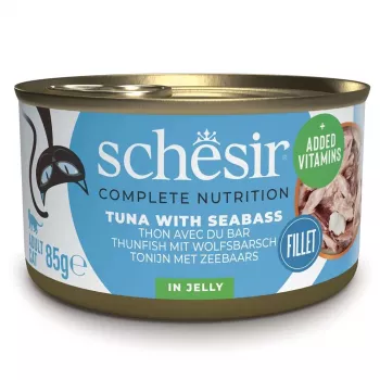 Comida húmeda para gatos Agras Pet Foods Schesir Atún con lubina 85 g sobre, 13 % proteína, 2,5 % grasa, 82 % humedad
