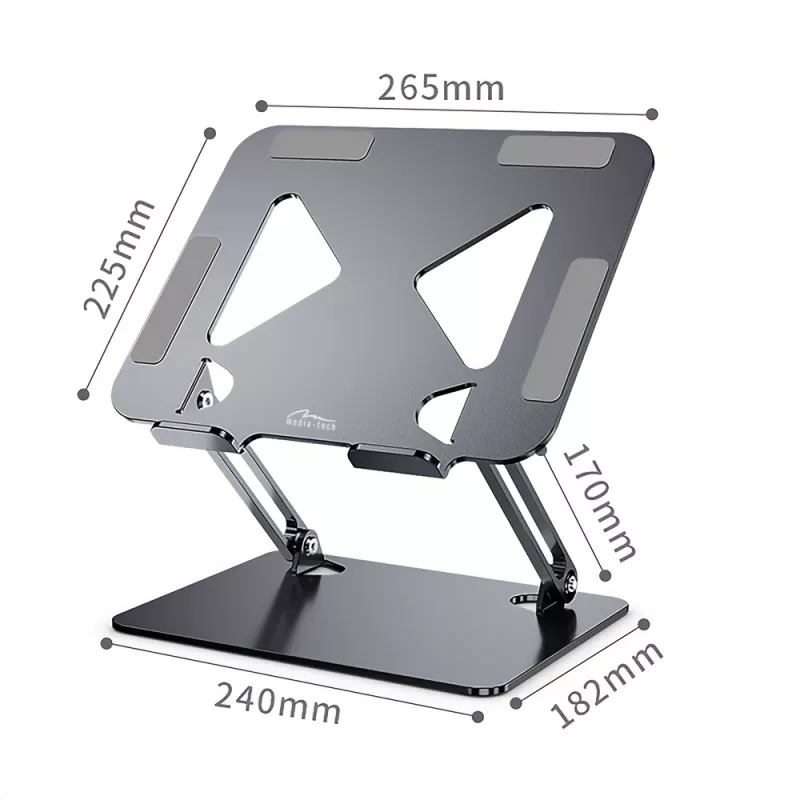 Soporte para portátil MEDIA-TECH MT2661 — altura ajustable, diseño plegable de aluminio para portátiles de hasta 17