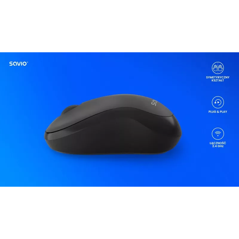 Savio MB-03 ratón óptico inalámbrico, receptor USB de 2,4 GHz, 1000 DPI, 3 botones, pila AA, 99x60x39 mm, 51 g, negro